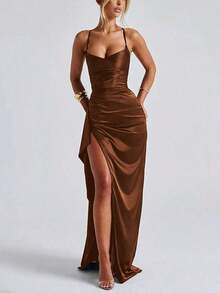 Sy-Elegant Sexy Satin Strapless Off Shoulder Frill Trim Waist Party Dress, Bridesmaid Dress, Formal Gown. - 棕色 - 查看 3