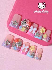 Sanrio Hello Kitty Y2K 24片中號鴨子造型豹紋與粉色法式美甲貼片，附可愛3D Hello Kitty、粉色蝴蝶結、愛心、鑽石星星、棒棒糖、水鑽與花朵設計，完美貼合假指甲套組，適合女孩日常與派對使用 - 彩色 - 查看 3