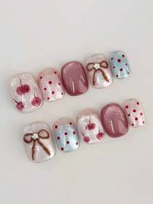 10pcs Sweet Fresh Ins Retro Daily Y2k Cute Handpainted Polka Dot Apple 3D Five-Pointed Star Crystal Bowknot Cat Eye Nail Stickers Nail Art Decals - Multicolor - View 7