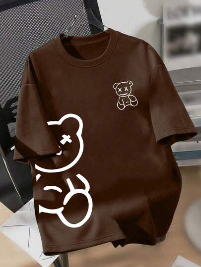 1pc Boys' Cartoon Bear Print Round Neck T-Shirt, Summer Casual Tee, Soft Fabric, Loose Fit, Stylish Double Bear (X-Eye) Design, Suitable For Boys' Spring/Summer Daily Wear