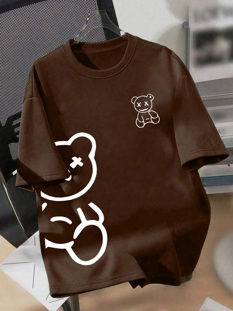 1件青少年男孩圓領圖案T恤，酷炫雙熊（X眼）設計，寬鬆版型，柔軟舒適面料，適合春夏日常穿著 - 棕色 - 查看 1