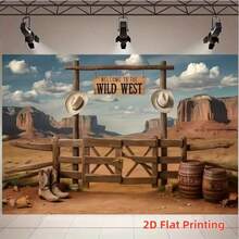 1pc Vintage Western Ranch Scene Backdrop Banner Decoration, Includes Wooden Fence, Cowboy Hat, Barrel And Desert Canyon Elements, 2D Printed In Rugged Retro Style, Suitable For Western Theme Party, Farm Theme Event, Halloween Costume And Photography Background, Outdoor Party Decor, Photo Booth Backdrop, Vintage Ranch Decor Banner, Holiday Celebration Decoration For Yard, Entrance, Porch, Welcome Background - B - View 6