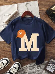 1 件青少年女孩休闲印花短袖 T 恤、夏季上衣、学生服装 - 藏蓝色 - 查看 2