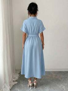 Summer Short Sleeve Shirt Dress Women's Notch Lapel Tie Front Relaxed Fit Solid Flounce Hem Casual Midi - 淺藍色 - 查看 6