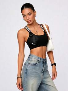 Runway Rest Colorful Lettered Fitness Sports Bra With Adjustable Criss-Cross Straps, Wireless, Suitable For Yoga, Outdoor Activities - Black - View 3
