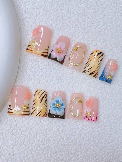 10 piezas Conjunto de uñas postizas con pico de pato estilo Y2K - Hechas a mano, uñas rosas, uñas amarillas, uñas con puntas francesas amarillas y azules, decoración de flores 3D en azul y rosa, diseños a mano alzada de rayas de cebra, lunares y patrones dorados