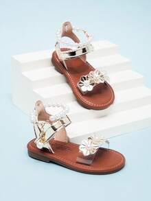 Cute White Infant Sandals With Pearl Chain & Hook And Loop Ankle Strap - Gold - View 5