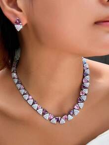 1 Set Beautiful Sparkling Purple And Pink Cubic Zirconia Chunky Luxury Round Wedding Bridal Party Choker Necklace And Earrings Jewelry Sets For Women - Purple - View 9