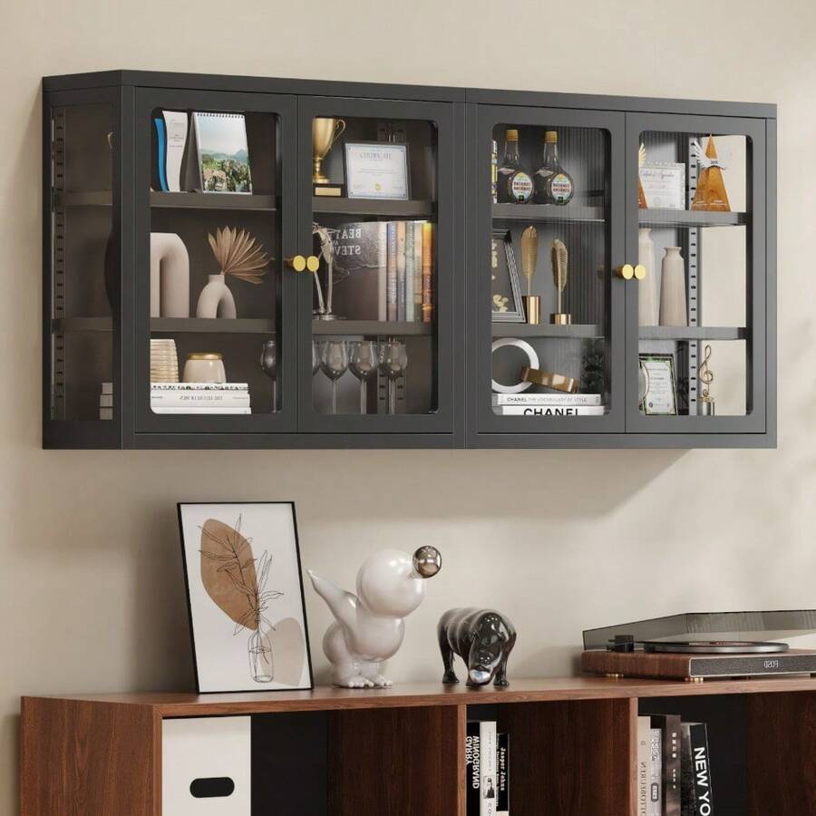 Wall-Mounted Metal Cabinet With Three-Sided Glass And A 5mm Thickened Glass Door. Features Adjustable Shelves For Customizable Display And Storage. Sleek, Space-Saving Design Keeps Collectibles And Essentials Dust-Free And Organized. - 黑色 - 查看 1