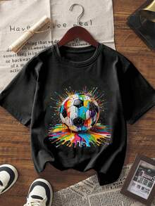 一件足球图案印花短袖T恤，青少年男童休闲夏季套装 - 黑色 - 查看 2