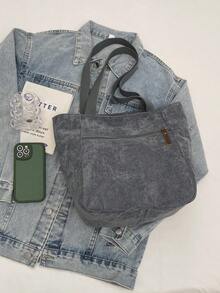 极简主义女士单肩包，灯芯绒面料手提包，大容量可折叠女士手提包，时尚购物袋，学生背包 - 灰色 - 查看 7