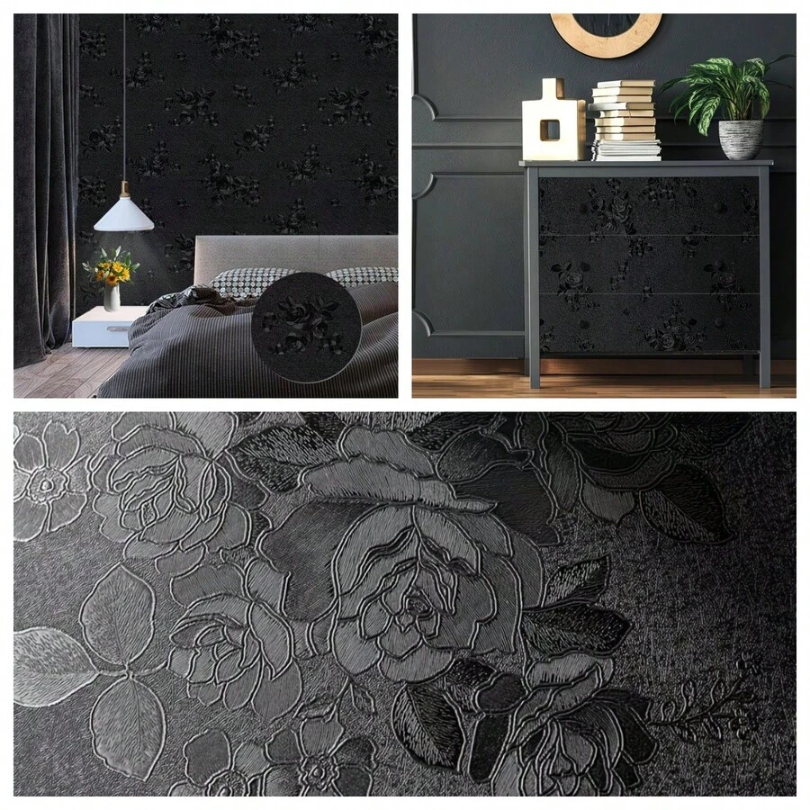 1 Roll Of Black Rose Flower Vinyl Film - Self-Adhesive Removable Wallpaper With Rose Flower Pattern, Easy To Install, Black Rose Style (No Glue Required). Black Flower Self-Adhesive Wallpaper Is Suitable For Bedroom, Kitchen Splash Boards, Countertops, And Walls.
