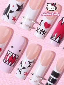 SANRIO 24片长方形3D亮片法式美甲贴纸，包含可爱星星装饰和水钻美甲图案，完美适用于亚克力假指甲，内含1瓶胶水和1个指甲锉，适合女性和女孩日常及派对使用 - 彩色 - 查看 4