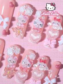 SANRIO 24片粉色法式长方形美甲贴纸，包含3D可爱装饰图案，如爱心、蝴蝶、花朵和珍珠，附赠1瓶胶水和1把指甲锉，适合女性日常生活和派对场合。 - 彩色 - 查看 3
