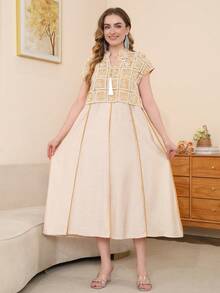 2026 New Style Ramadan Traditional Elegant Embroidered Arabic Women's Dress, Jalabia Design With Golden Tassel V-Neck Patchwork Blouse, Fashion & Graceful - Beige - View 2