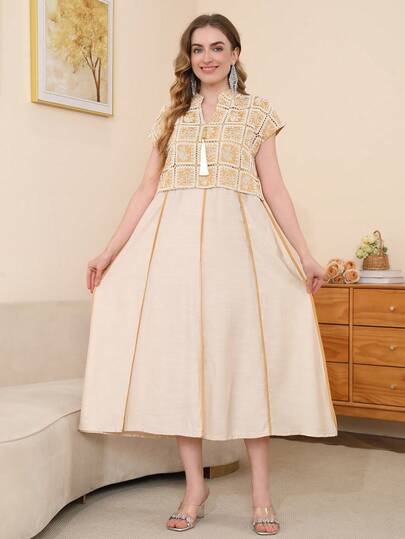 2026 New Style Ramadan Traditional Elegant Embroidered Arabic Women's Dress, Jalabia Design With Golden Tassel V-Neck Patchwork Blouse, Fashion & Graceful