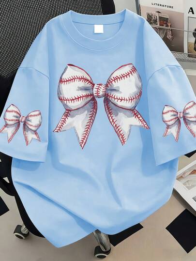 Very Cute Baseball Bowknot Printed Round Neck Pattern T-Shirt, Plus Size Women's Casual Summer Top