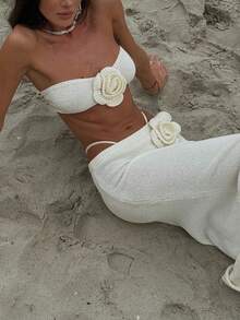 Vivid Style 女士镂空花卉波西米亚风沙滩露脐吊带短上衣和高腰长裙套装，适合海滩度假、派对、时尚、优雅、浪漫的夏季装扮 - 杏色 - 查看 4