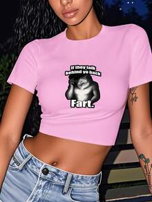 If They Talk Behind Your Back Fart Funny Oddly Specific Meme Graphic Print Women's Fashion Short Sleeve T-Shirt,Y2K Top Crop,Camisetas De Fiesta,Back To School,Vintage,Street Wear, Rock, Holiday, Vacation, Festival, Summer Tops, Free Shipping - 粉色 - 查看 2