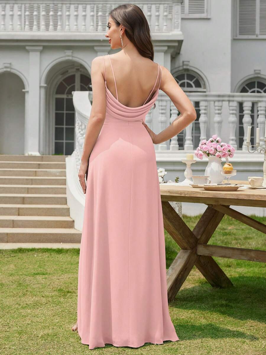 Volly Toych Solid Color Chiffon Maxi Elegant Formal Bridesmaid Dress, Low Back Design - Baby Pink - View 1