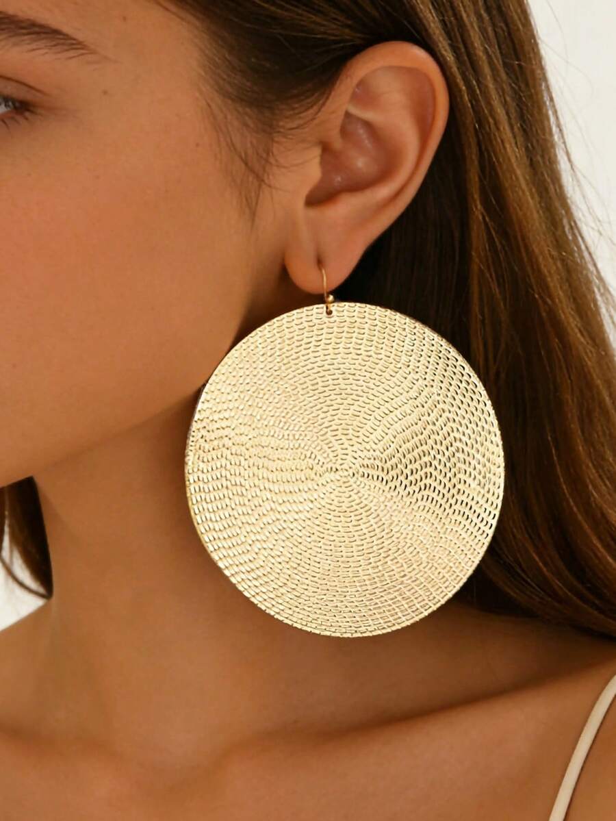 1 Pair Women's Fashion Minimalist Versatile Oversized Geometric Round Mesh Metal Texture Pendant Earrings - Yellow Gold - View 1