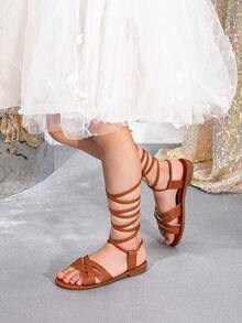 Girls' Striped Woven Fashionable Versatile Lace-Up Flat Sandals - Brown - View 3