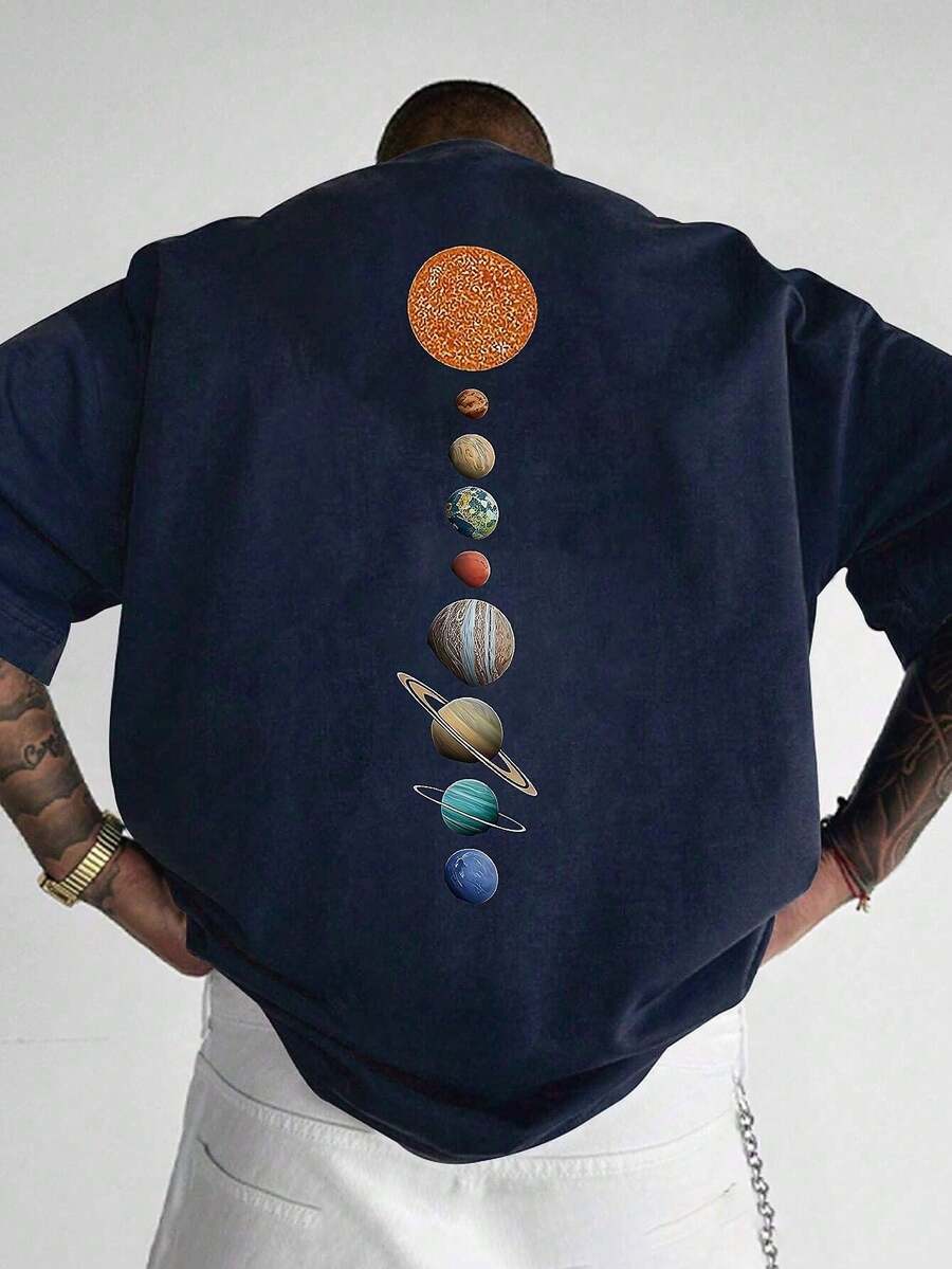 男士时尚印花宽松短袖T恤一件装 | 精致设计 | 夏季必备 | 易于搭配，展现您的风格 - 藏蓝色 - 查看 1