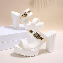 Giày sandal đế dày cho nữ, giày cao gót siêu cao, giày cao gót thời trang chống thấm nước màu trắng, giày cao gót nữ kiểu dáng slip-on, sandal trắng thời trang cho nữ, dép catwalk cho người mẫu, sandal nữ, giày nữ, sandal nữ, giày slip-on nữ, giày cao gót trắng cho nữ, sandal đế dày - Khóa kim loại màu trắng - Xem 5