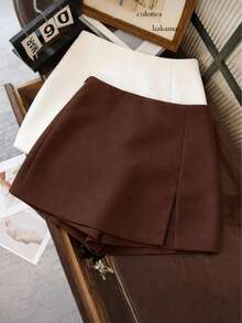 Women's Tailored Short Skirt, High Waist, Elegant, Minimalist, Social, Fashion Blogger Style - 咖啡棕 - 查看 1