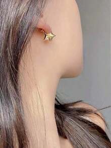 1pair Petite Chic Gold Tone Five-Pointed Star Hoop Earrings, Versatile Casual/Office Wear Accessory - 黃金 - 查看 2