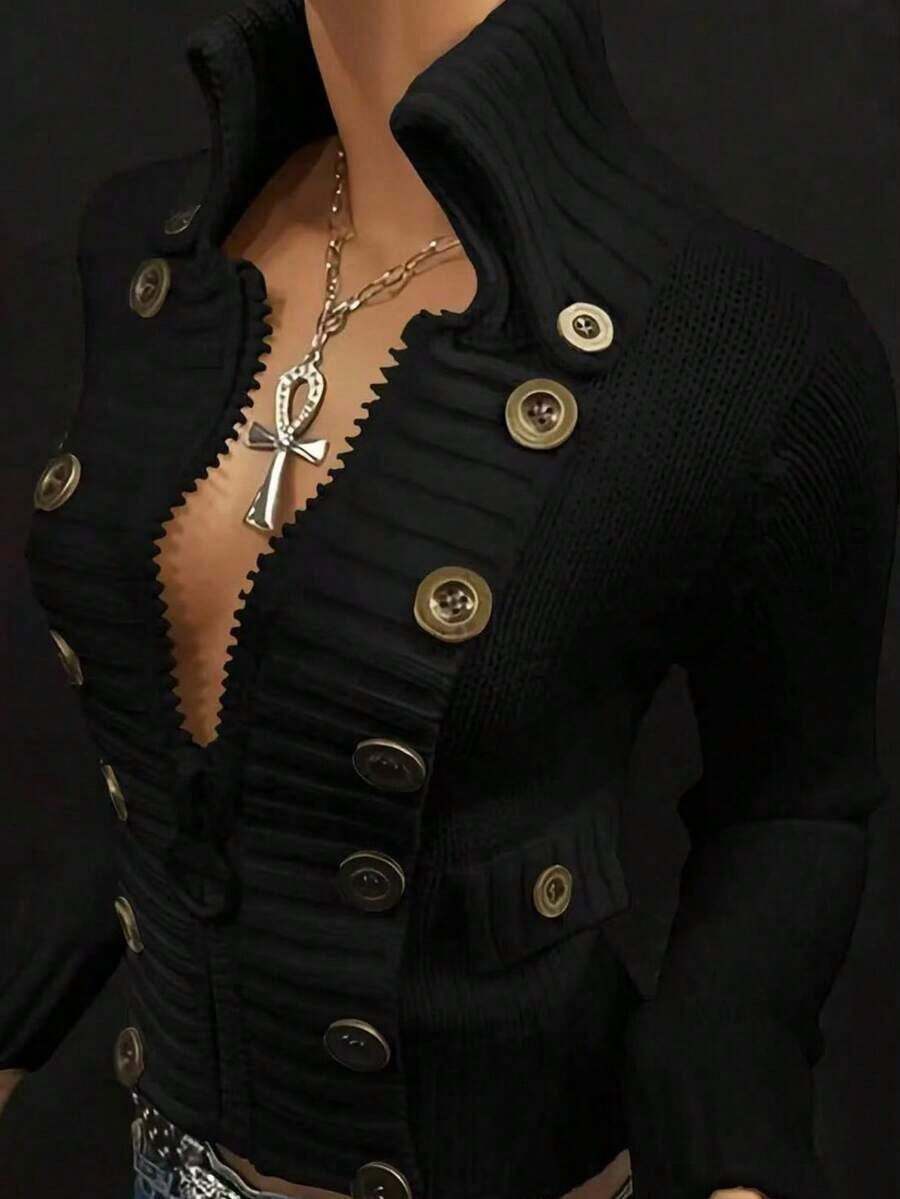 Women's High Collar Sweater Cardigan With Large Zipper And Multiple Buttons, Stylish Design - Black - View 1