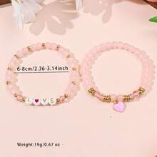 2件套简约心形合金吊坠，亚克力字母和水晶串珠弹力手链，适合女性佩戴 - 心 - 查看 6