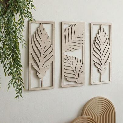 1 Set Boho Style Palm Leaf Wall Decor: Rustic Palm Leaf Wooden Art Pieces, Suitable For Home, Bathroom, Living Room, Office Decoration, No Electricity Required