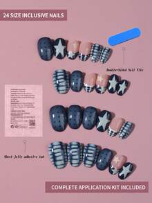 Bộ 24 miếng dán móng tay hình oval màu xanh dương kiểu Pháp, họa tiết chấm bi và ngôi sao, màu hồng nữ tính, vừa vặn hoàn hảo với móng tay acrylic, bao gồm 1 keo dán và 1 dũa móng, thích hợp cho sử dụng hàng ngày hoặc các bữa tiệc. - Nhiều màu - Xem 2
