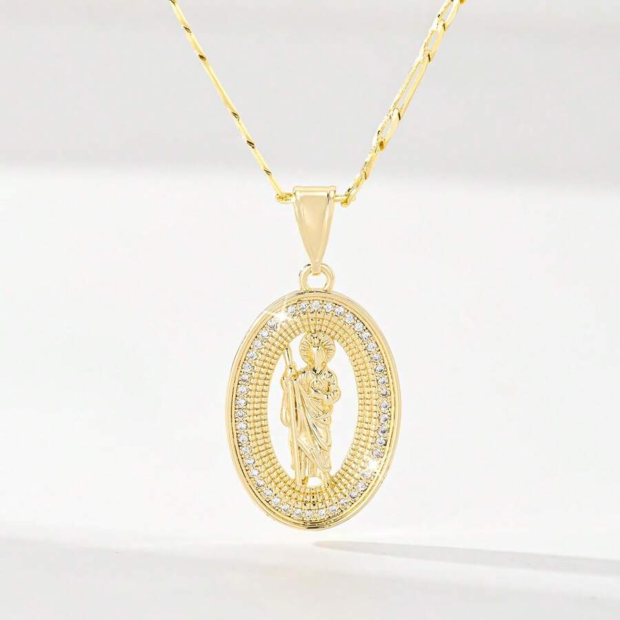 1pc Classic European And American Copper Inlaid Zirconia Guardian Angel Pendant Necklace, Suitable For Christmas/Thanksgiving/Halloween/Mother's Day/Valentine's Day Gifts For Couples/Friends/Churchgoers, Catholic First Communion, Gifts, Daily And Holiday Wear For Prayer - Yellow Gold - View 1