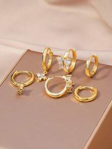 6 Stücke Ohrstecker Set, elegante Wassertropfen Ohrstecker + Blumen Anhänger + Schmetterling Creolen, 18K Goldplattiert Kupfer Multi-Stil Kombination, geeignet für den täglichen Gebrauch von Frauen, Pendeln, Partys, Konzerte, gesellige Anlässe - Gold - Übersicht 5