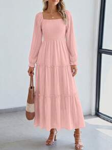 PRETTYGARDEN Women Elegant  Maxi Dresses For Fall Boho Long Sleeve Smocked A Line Ruffle  Wedding Guest Holiday Party Long Dress With Pockets New Years Valentine Vacation Spring Dresses For Women Vestidos Elegantes De Mujer - 粉色 - 查看 3