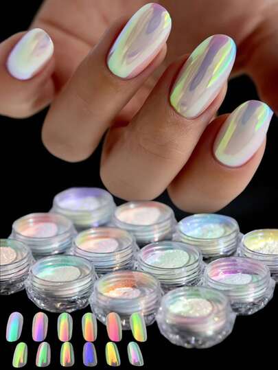 12pcs Nail Art Icy Skin Powder, Aurora Fairy Powder, Highlighter Powder, Icy Transparent Whitening Nail Decorations, Y2K French Transparent Powder, Chameleon Powder