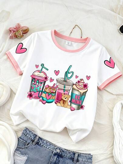 Teenage Girls' Heart, Bubble Tea & Cartoon Bear Print Colorblock Short Sleeve T-Shirt, Soft & Comfortable Fabric, Spring/Summer