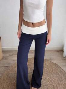 Sunny Girly Summer Y2K Back To School Casual Home Waistline White Pleated Patchwork Straight Pants - 藏蓝色 - 查看 12