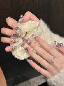 10片紫色笑脸猫眼、蝴蝶、爱心水钻亮片美甲贴纸，精致优雅，适合日常、度假、派对佩戴，手工制作，按压式美甲贴片 - 紫色 - 查看 3