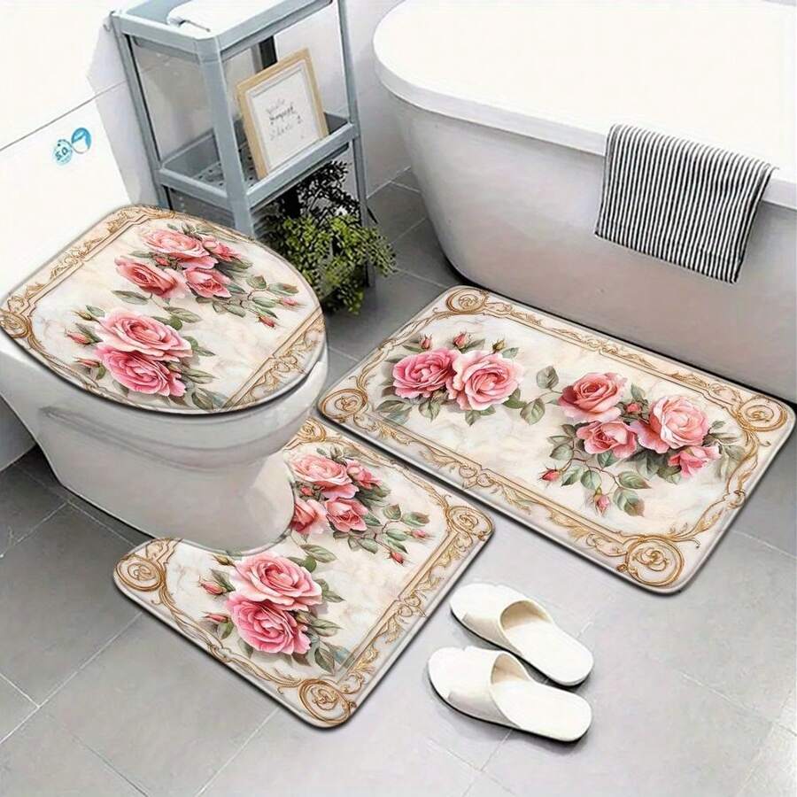 3pcs Mother'S Day Pink Rose Pattern Bathroom Mat Set With Toilet Seat Cover And U-Shaped Foot Mat - Nhiều màu - Xem 1