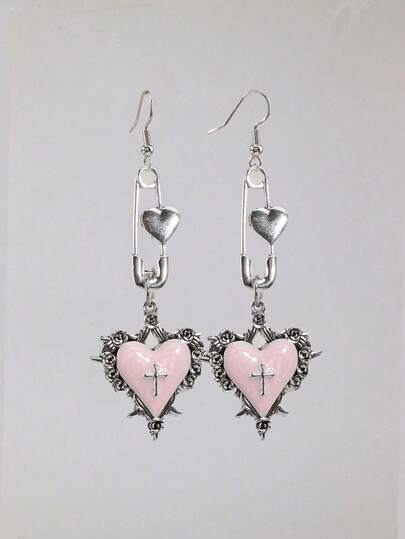Estilo gótico Cruz, Corazón, Rosa, Lazo, Espina, Colgante de Corazón, Aretes Negros Y2K, Aretes de Corazón de Clip, Regalo del Día de San Valentín