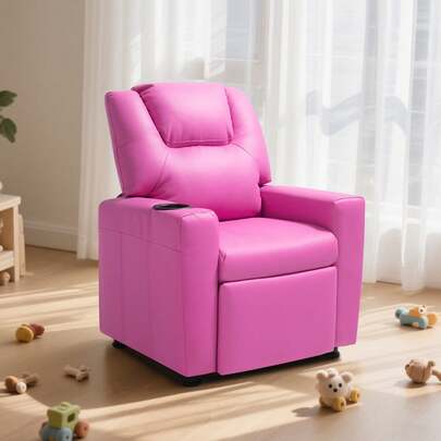 Kids Reclining Chair, Toddler Recliner With Cup Holder, 101° To 121° Adjustable Backrest, Easy-To-Clean PU Leather Recliner Couch With Footrest, 41 Kg Load, For Boys & Girls, Children (Pink)