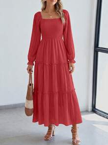 PRETTYGARDEN Women Elegant  Maxi Dresses For Fall Boho Long Sleeve Smocked A Line Ruffle  Wedding Guest Holiday Party Long Dress With Pockets New Years Valentine Vacation Spring Dresses For Women Vestidos Elegantes De Mujer - 紅色 - 查看 3