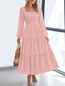 PRETTYGARDEN Women Elegant  Maxi Dresses For Fall Boho Long Sleeve Smocked A Line Ruffle  Wedding Guest Holiday Party Long Dress With Pockets New Years Valentine Vacation Spring Dresses For Women Vestidos Elegantes De Mujer - 粉色 - 查看 1