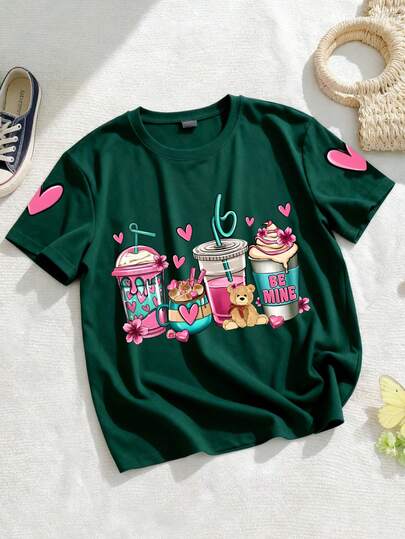 甜美甜点爱心印花圆领T恤，柔软舒适，适合大女孩的春夏休闲上衣