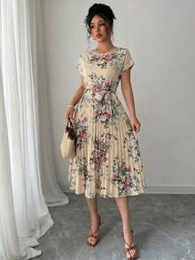 Summer Boho Floral Tiered Dress Women's Short Sleeve Crewneck Tie Front Pleated Flounce Hem Maxi Beach Vacation Dress - 杏色 - 查看 2