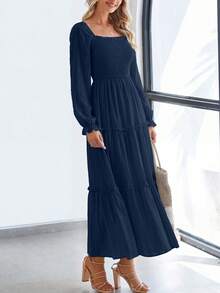PRETTYGARDEN Women Elegant  Maxi Dresses For Fall Boho Long Sleeve Smocked A Line Ruffle  Wedding Guest Holiday Party Long Dress With Pockets New Years Valentine Vacation Spring Dresses For Women Vestidos Elegantes De Mujer - 藏蓝色 - 查看 2