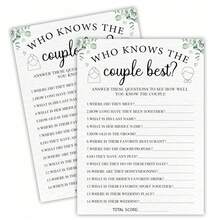 50pcs Bridal Shower Game Cards, Who Knows The Couple Best? Eucalyptus Leaf Themed Wedding Game, Suitable For 30 Guests, Applicable For Engagement Party And Wedding Events, Game Gifts And Supplies - View 1
